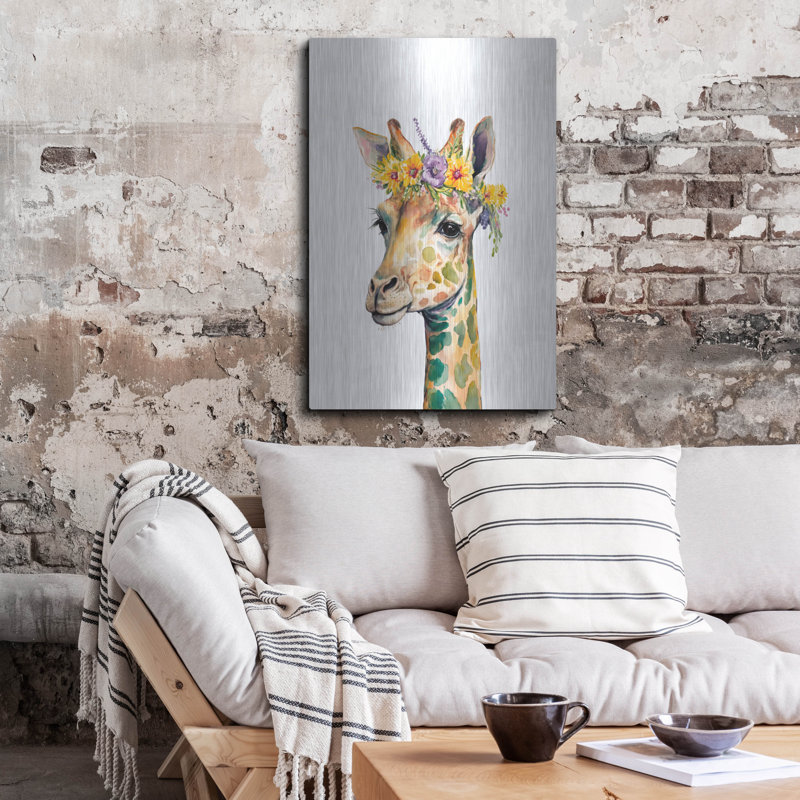 Art mural en métal Latitude Run® «Giraffe With Flowers» par Svetlana Aleynikova, H 36 po x l 24 po