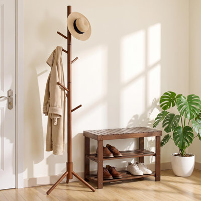 Ensemble de banc de rangement en bambou pour chaussures et portemanteau en bois massif, portemanteau d'entrée avec étagère à chaussures à 3 niveaux, 8 crochets, rangement autoportant