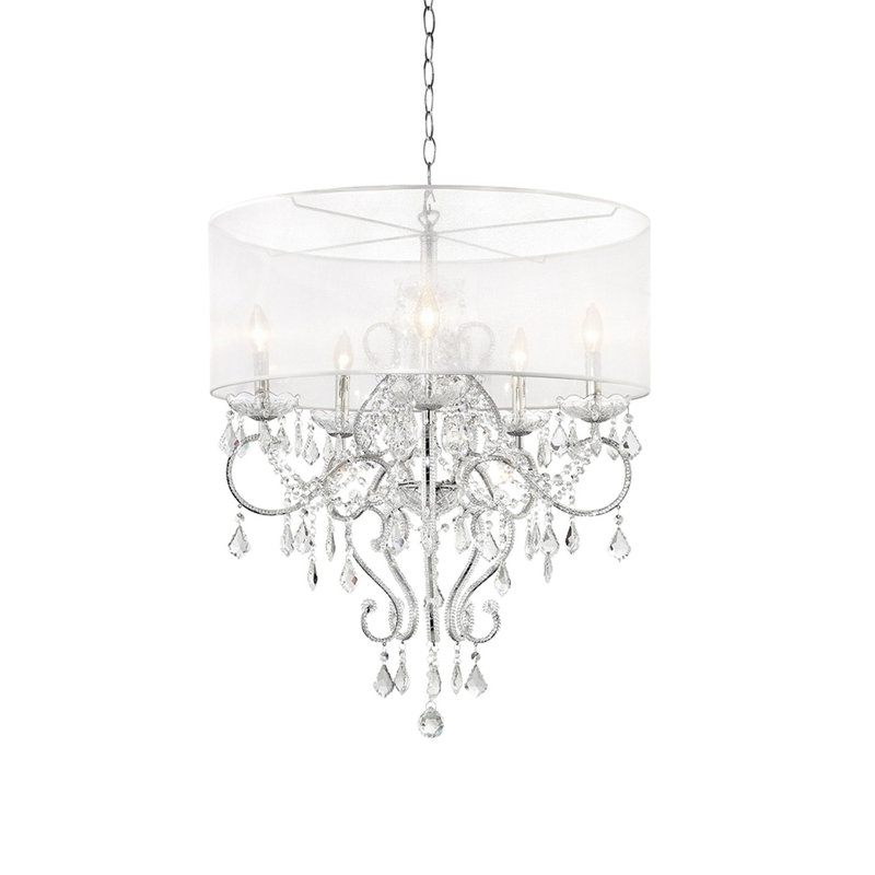 Ivory Drum Chandelier with Crystal Accents and Polished Metal Base