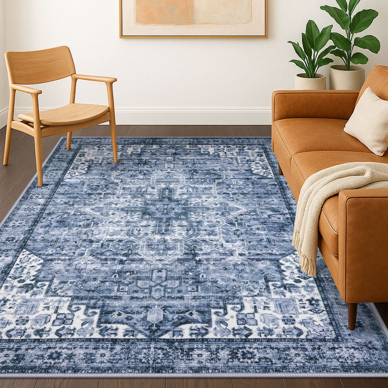 Tapis doux à imprimé médaillon avec envers antidérapant Tapis de salon bleu, Rectangle 5 pi x 7 pi