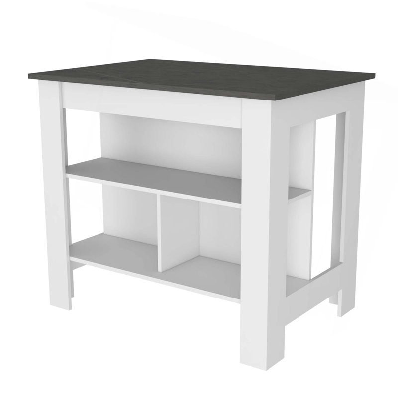 Îlot de cuisine Brooklyn, trois tablettes dissimulées, Blanc / gris foncé