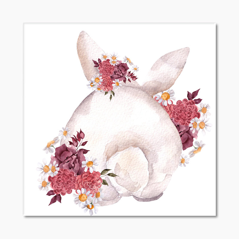 Joli lapin et fleurs et feuilles d'automne I - peinture sur toile, H 16 po x l 16 po x P 1 po, Toile tendue