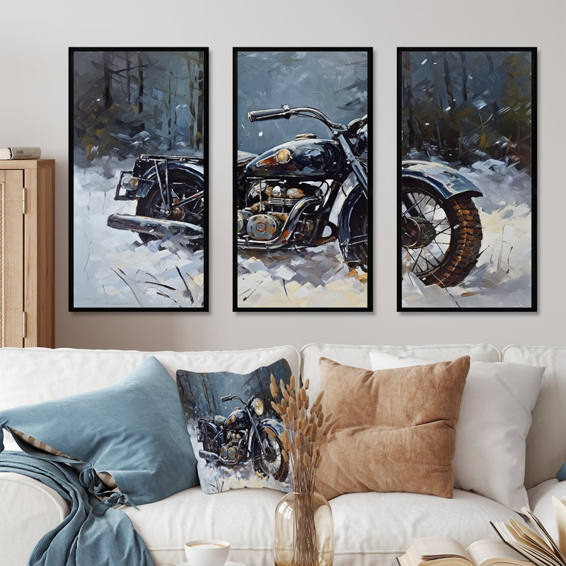 «War Rustic War Bike In Winter I», ensemble d'art sur toile, H 28 po x l 36 po x P 1 po, Cadre flottant noir