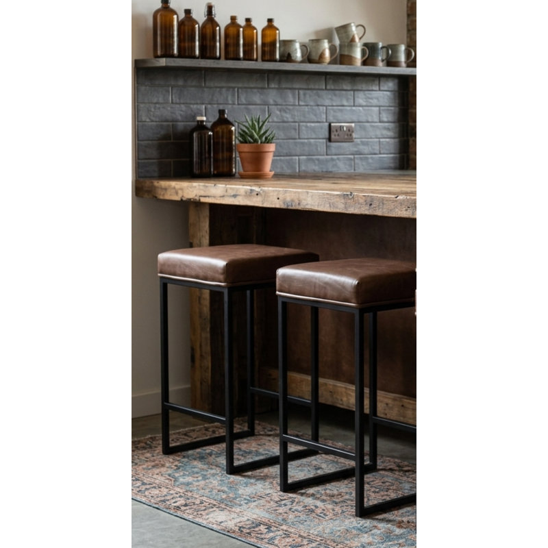 Mid-Century Modern Leather Accent Bar Stool, Black, Brown