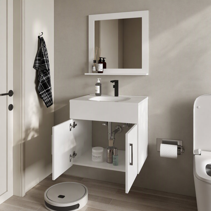 Ensemble de meuble-lavabo flottant blanc 2 portes avec lavabo et miroir