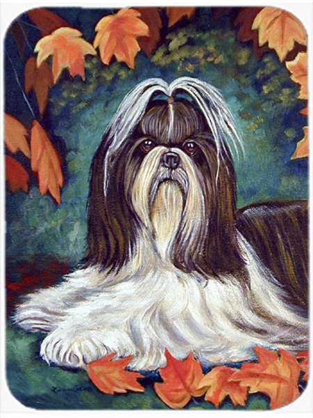 Planche à découper en verre à feuilles d'automne Shih Tzu