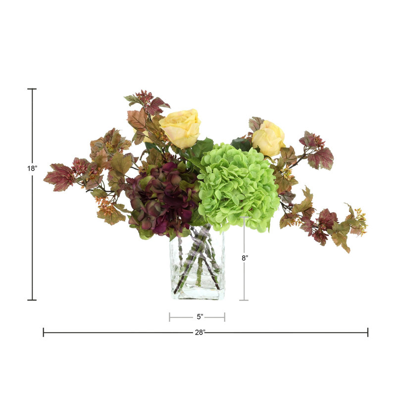 Hydrangea and Rose Fall Arrangement in Glass Ripple Vase