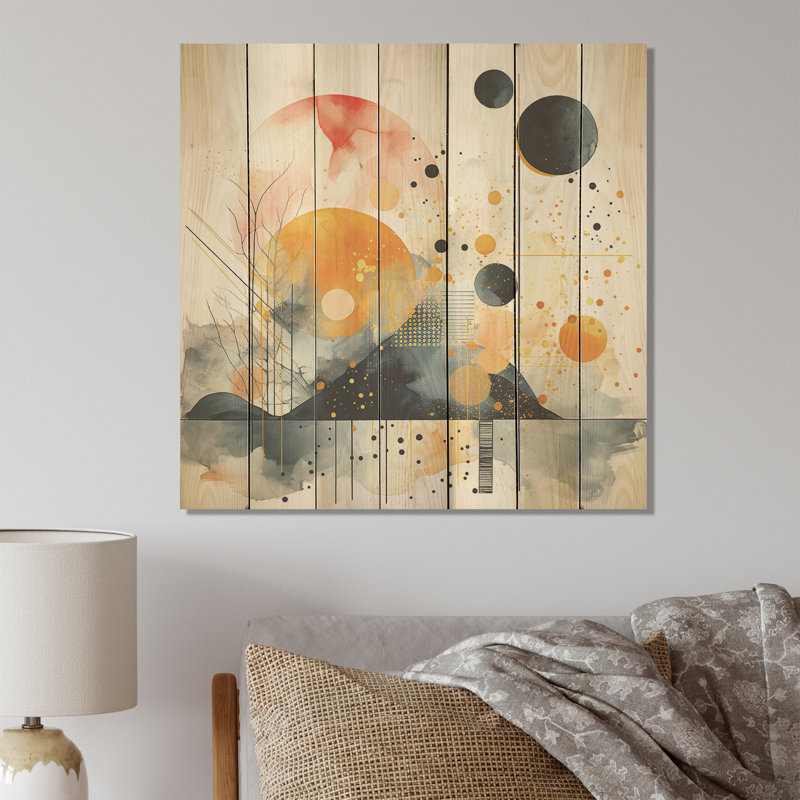 Modern Black And Yellow Forest Landscape II - Abstract Landscape On Wood Print, 15" H x 15" W