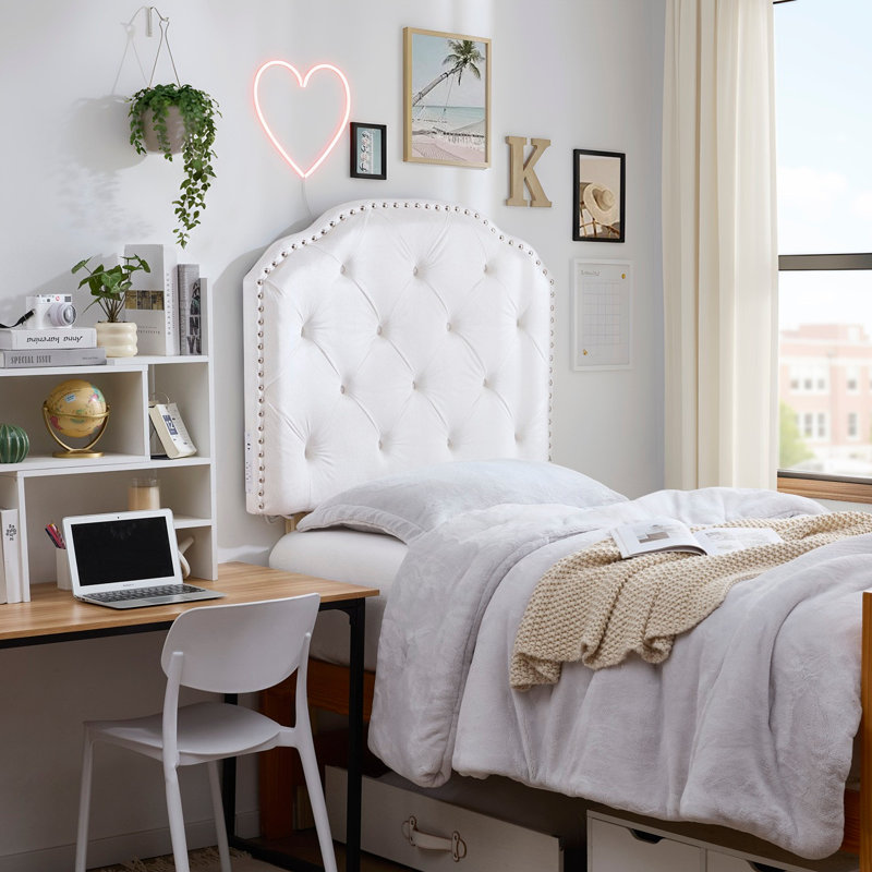 Tavira Allure® College Dorm Left Side Outlet Headboard with Legs - Bevel Tufted Rivet - White