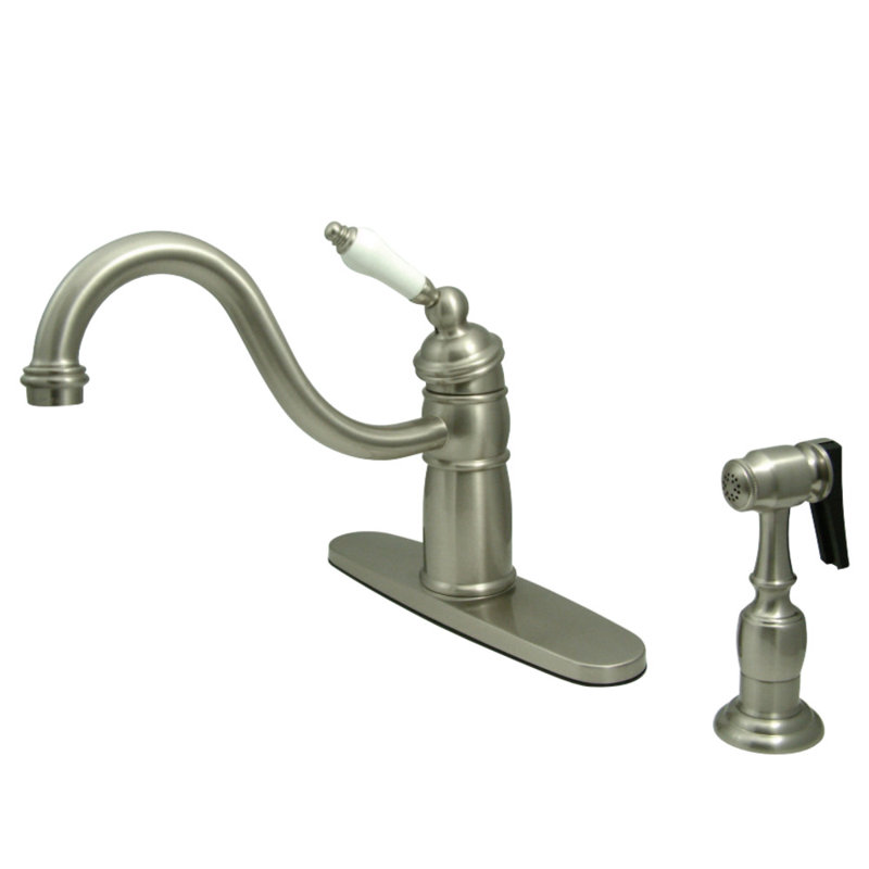 Kingston Brass Victorian Single-Handle 2-or-4 Hole Deck Mount Kitchen Faucet with Brass Sprayer, Brushed Nickel