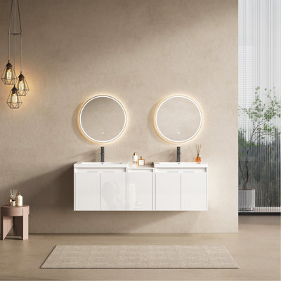 Meuble-lavabo de 60 po avec lavabo en résine, portes à fermeture douce et armoire à 1 côté, montage flottant, blanc brillant, contreplaqué (emballage KD) - 24 po x 2 + 12 po