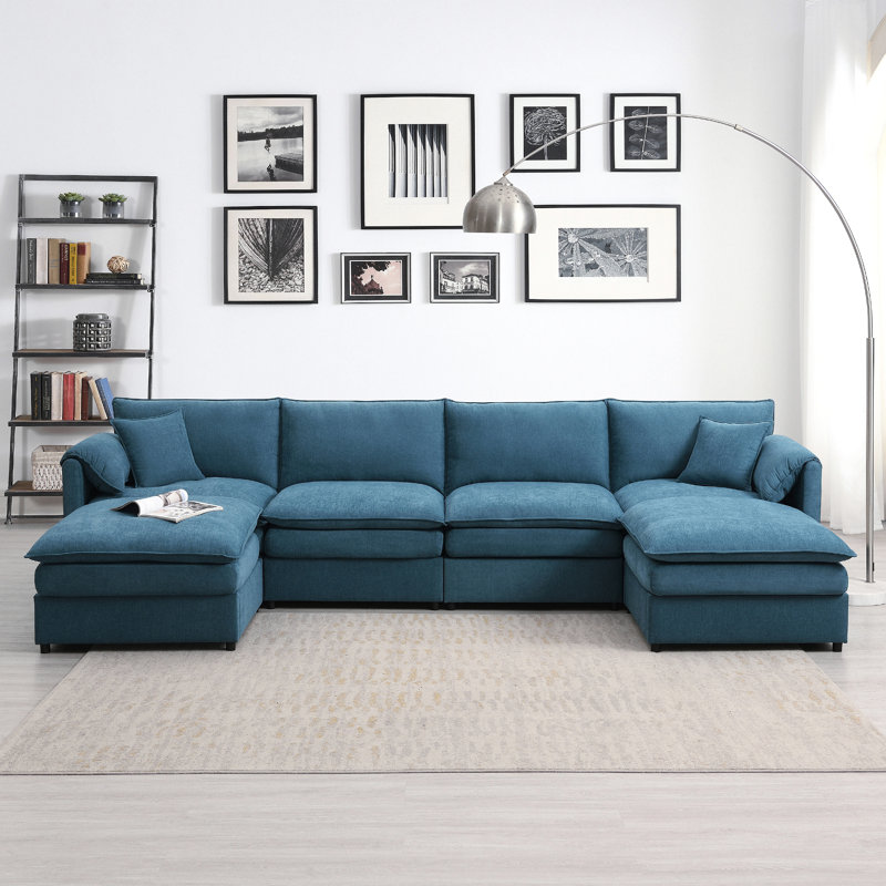 Chenille Modular Sectional Sofa with Double Cushions, Blue