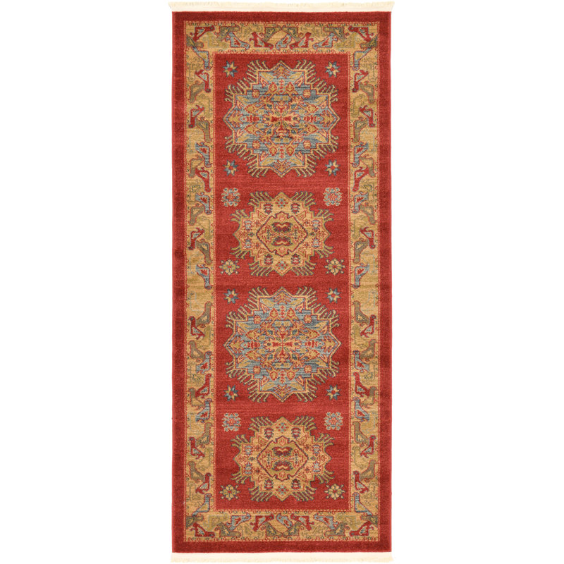 Tapis rouge de style oriental Eesi, Tapis de couloir 2 pi 7 po x 7 pi 1 po
