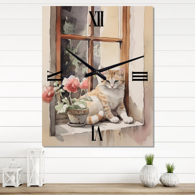White Cat Sitting On Windowstill Watercolor - Animals Cat Wall Clocks
