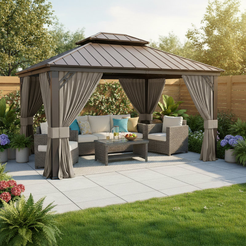 12' X 14' Outdoor Hardtop Gazebo With Galvanized Steel Roof, Gray Curtains And Mosquito Netting