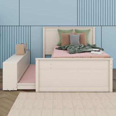 Lit plateforme en bois avec lit gigogne escamotable et armoire de rangement latérale, cadre de lit solide avec tête de lit