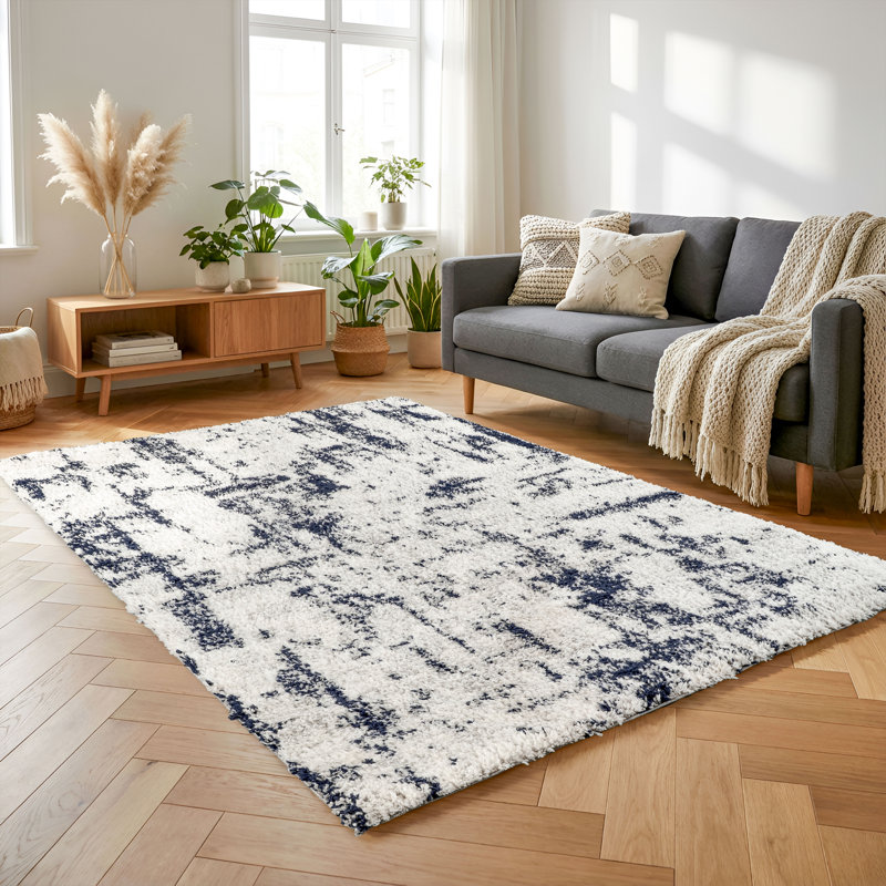 Moss Ivory & Blue Abstract Shag Modern Rug, Ivory/Blue, 4'10" x 8'0"