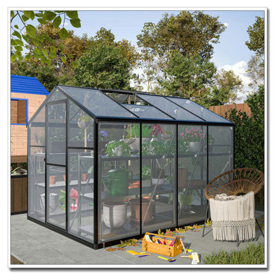 6x8 FT Greenhouse for Outdoors, Polycarbonate Greenhouse with Quick Setup Structure and Roof Vent, Aluminum Large Walk-in Greenhouse for Outside Garden Backyard, Black