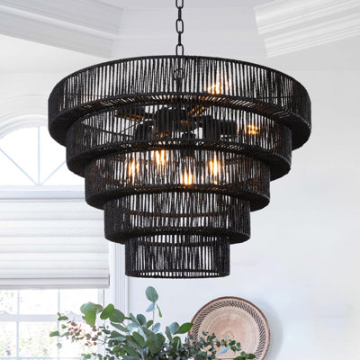 Caytlen 8-Light Dimmable Hand-Woven Rattan Tiered Chandelier