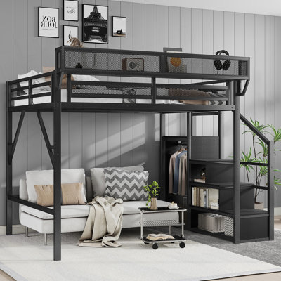 Grand lit mezzanine avec escalier, grand lit mezzanine en métal avec tablettes de rangement, lit mezzanine haut avec garde-robe pour enfants, adolescents, adultes