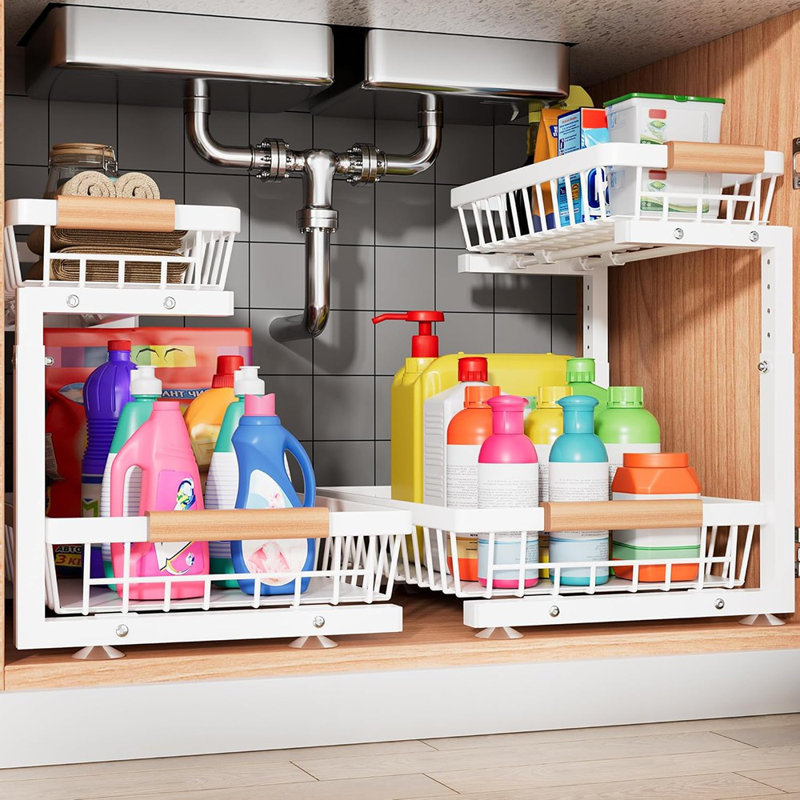 Ensemble de 2 paniers de rangement sous le lavabo à 2 niveaux - Tiroirs en métal réglables en hauteur pour la cuisine, la salle de bain et le placard, blanc