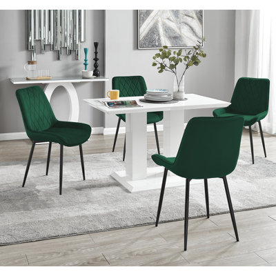Eubanks High Gloss Double Pillar Dining Table Set with 4 Luxury Velvet Upholstered Dining Chairs