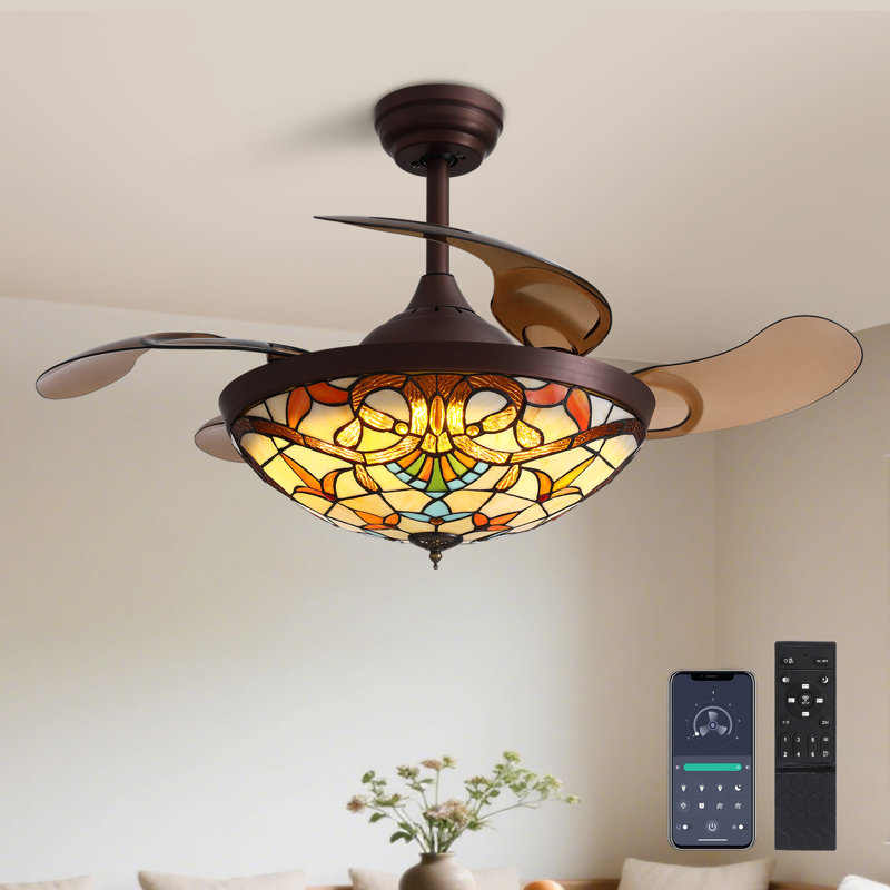 Ventilateur de plafond 42 "avec lumières Tiffany, télécommande Fandelier à intensité variable avec pales rétractables, 6 vitesses
