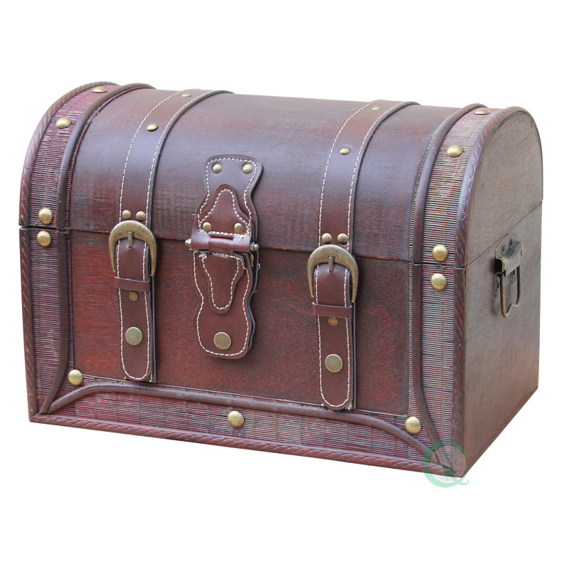 Coffre en cuir et bois de style antique avec dessus rond