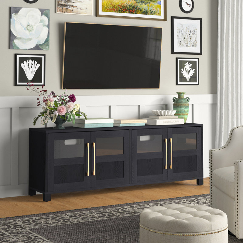 Holbrook TV Stand for TVs up to 75" in Black Grain with Glass Doors, Storage & Cable Management — Contemporary Media Console with Brass Hardware for Living Room 
