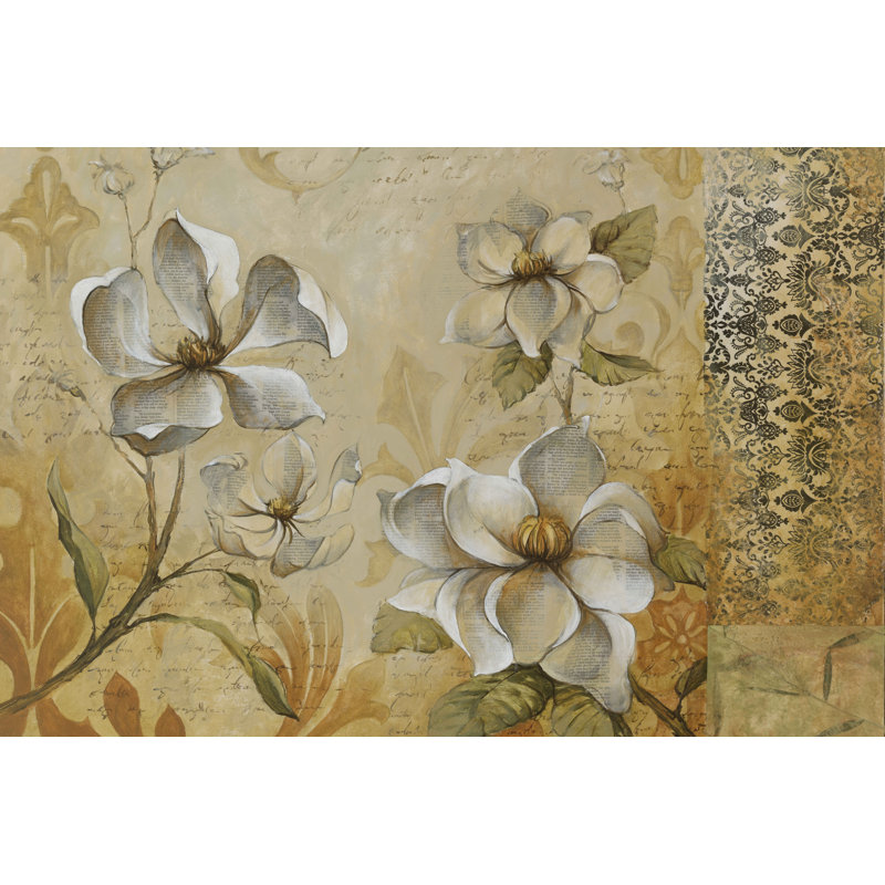 Magnolias And Script - Wrapped Canvas Print, 30cm H x 46cm W x 3.8cm D