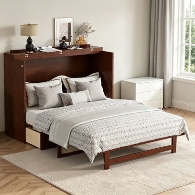 Grand lit escamotable en rotin grand format, lit escamotable convertible avec tiroir de rangement à roulettes, lit plateforme convertible en bois de pin massif, aucun sommier tapissier n'est nécessaire pour la chambre d'amis