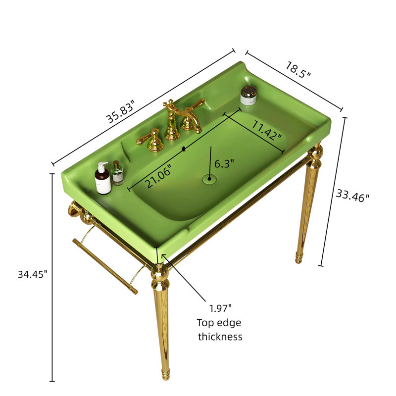 Luxueux lavabo console avec lavabo en céramique de qualité supérieure et pieds élégants en acier inoxydable, Vert, Doré