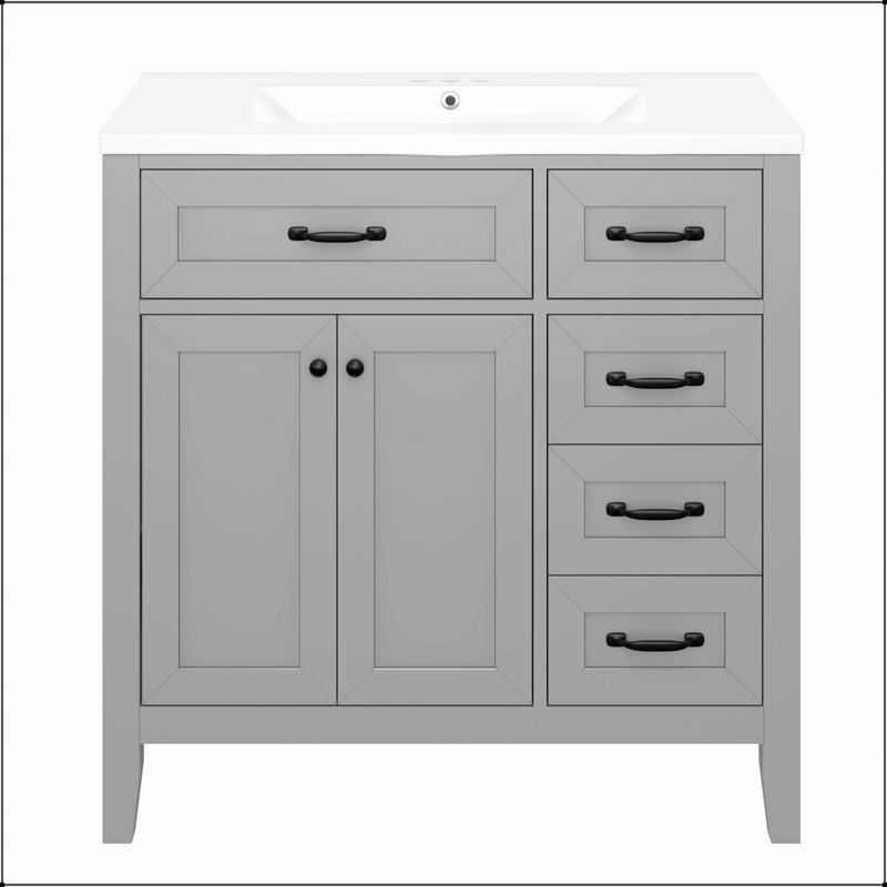 Meuble-lavabo gris 36 po avec lavabo, tiroirs et structure solide pour salle de bain moderne, Gris
