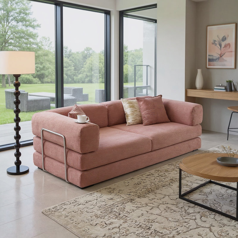 78.8-Inch Upholstered Double Sofa Bed, Modular Sofa Bed, Includes 2 Throw Pillows, Foldable Sofa, Pink