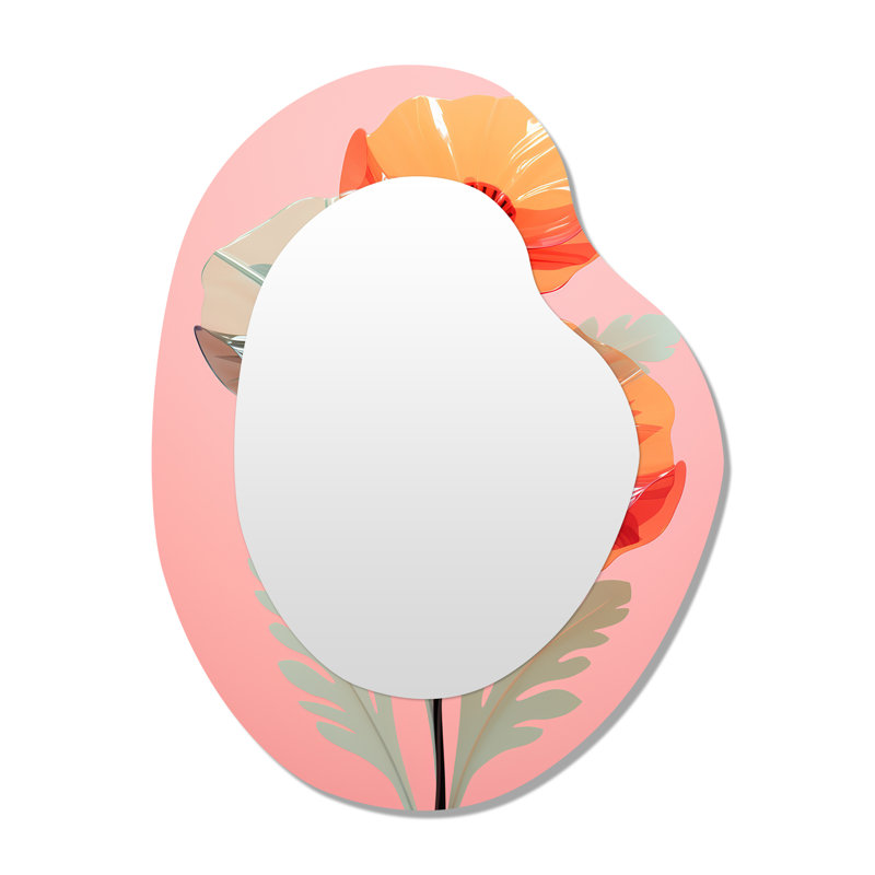 Abstract Red Poppy Flower On Retro Pink - Poppy Asymmetrical Wall Mirror, Traditional Unique Shape Decorative Mirror, Printed Metal Art