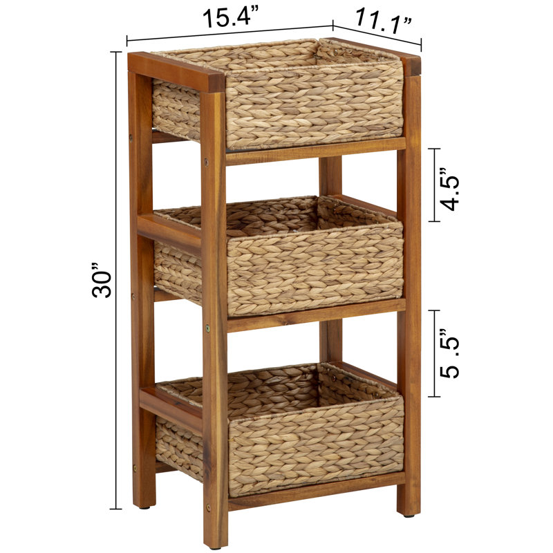 Étagère de rangement à 3 niveaux avec cadre en bois franc, chêne clair, 3 paniers en jacinthe d'eau tissés