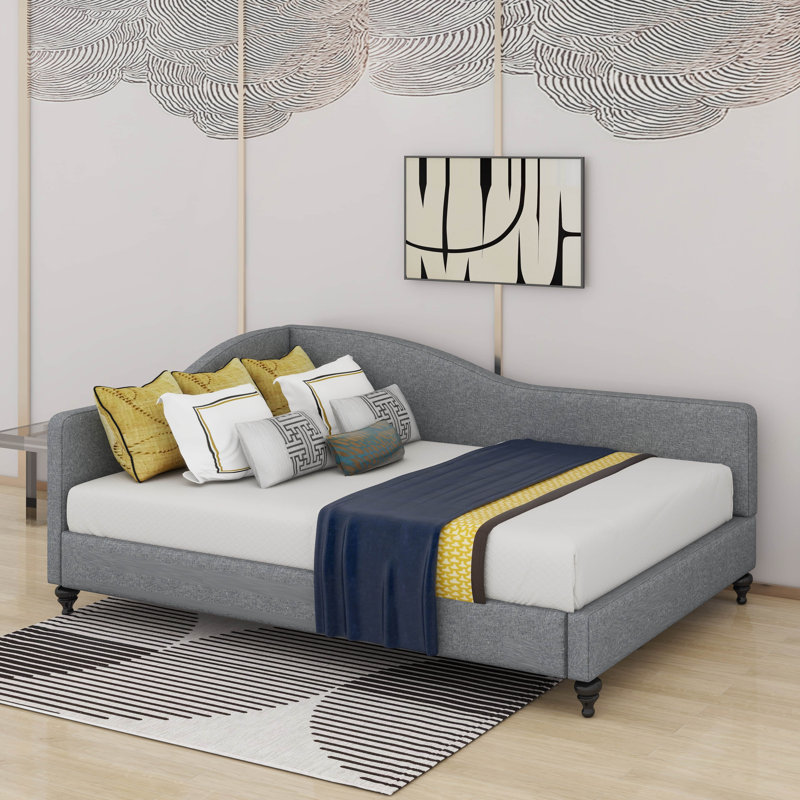L-Shaped Linen Daybed With Solid Wood Legs, Gray, Full/Double