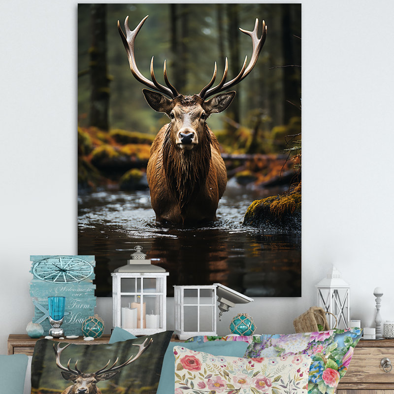 «Yer Brown Green Moose Portrait Vibrant», reproduction sur toile, H 32 po x l 24 po x P 1 po, Toile tendue