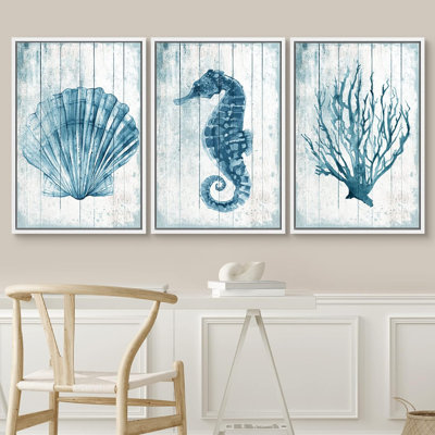 IDEA4WALL Framed Canvas Print Wall Art Blue Seahorse And Seashell With Coral Decorative Shapes Illustrations Modern Art Rustic Relax/Calm Warm For Living Room, Bedroom, Office