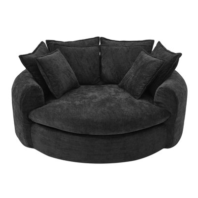 59.8" W Oversized Chenille Upholstered Boneless Round Barrel Chair with 8 Matching Pillows by Hokku Designs