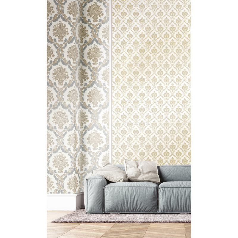 Italian Damask Design Embossed Satin 10m x 53cm Wallpaper Roll, Cream/Beige