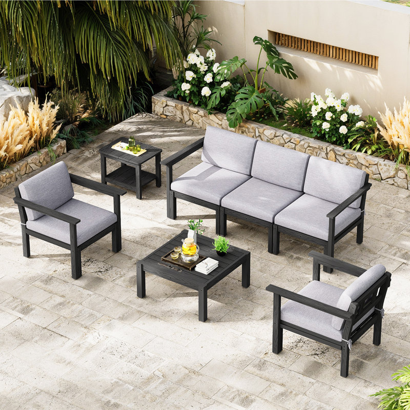 Ensemble de conversation modulaire de patio pour 5 personnes avec coussins, ensemble de conversation d'extérieur imperméable à l'eau toutes saisons 7 pièces, noir