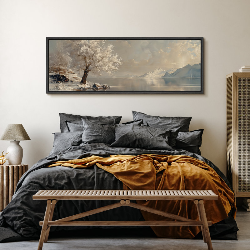«Rustic Countryside Snow-Tree-Covered River And River Mountain Modern Winter Landscape», reproduction d'art sur toile