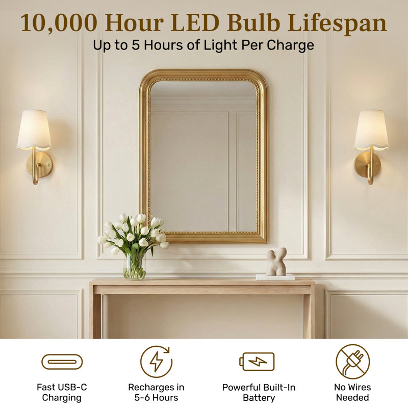 Bell + Howell Rechargeable Wall Light Sconce 2 Pack with Scalloped Fabric Shade and Dimmable - Gold, Gold