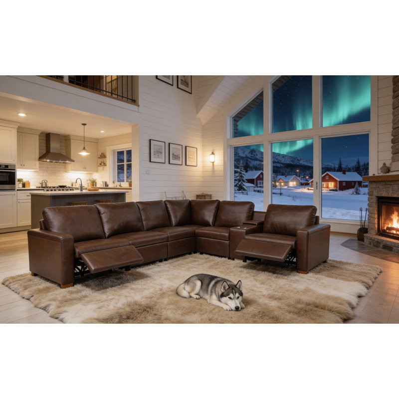 132" W Hudson Recliner Leather-Matched Sectional, Brown Leather Match