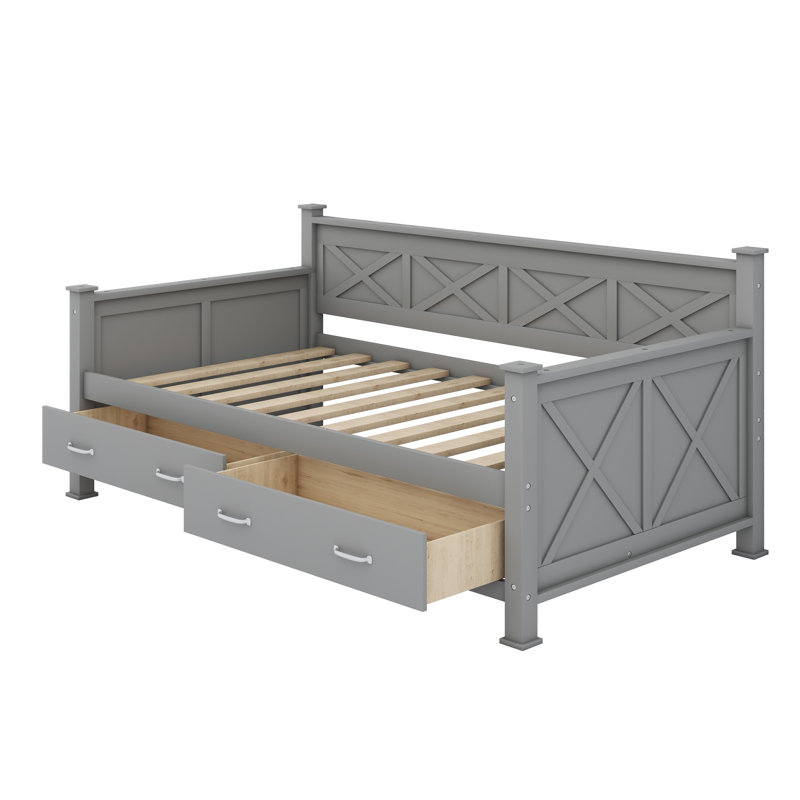 Daybed With 2 Large Drawers, X-Shaped Frame, Modern And Rustic Casual Style Daybed, Gray