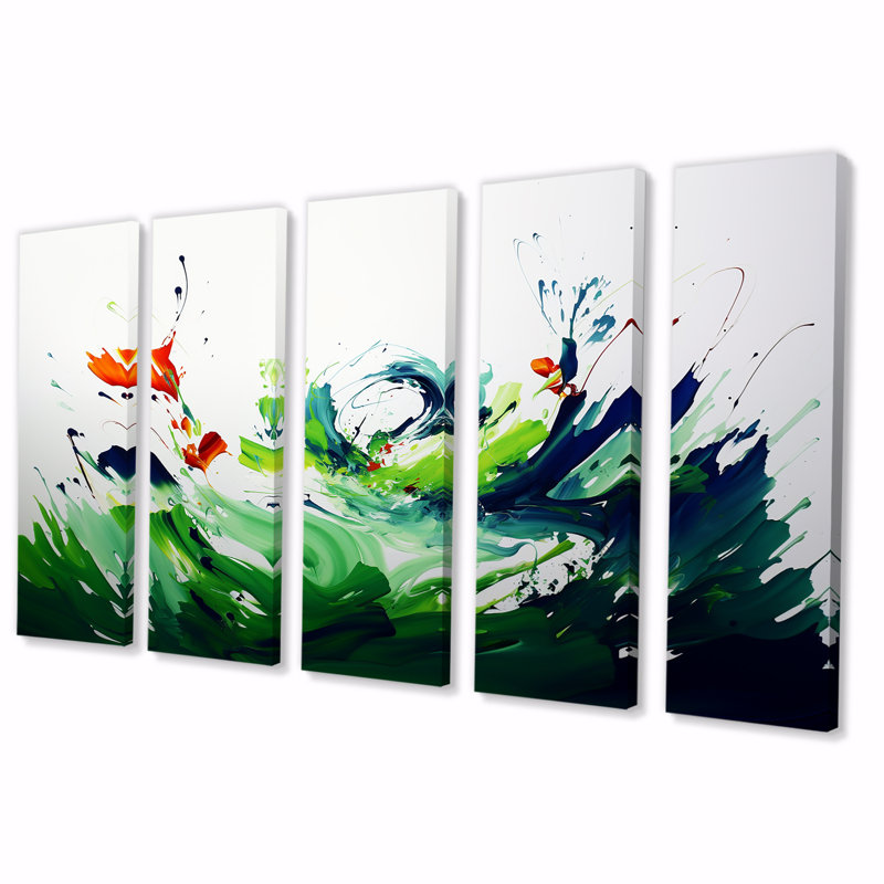 «Green and White Abstract Ink Expression I», peinture abstraite, art mural 5 pièces pour le salon, H 28 po x l 60 po