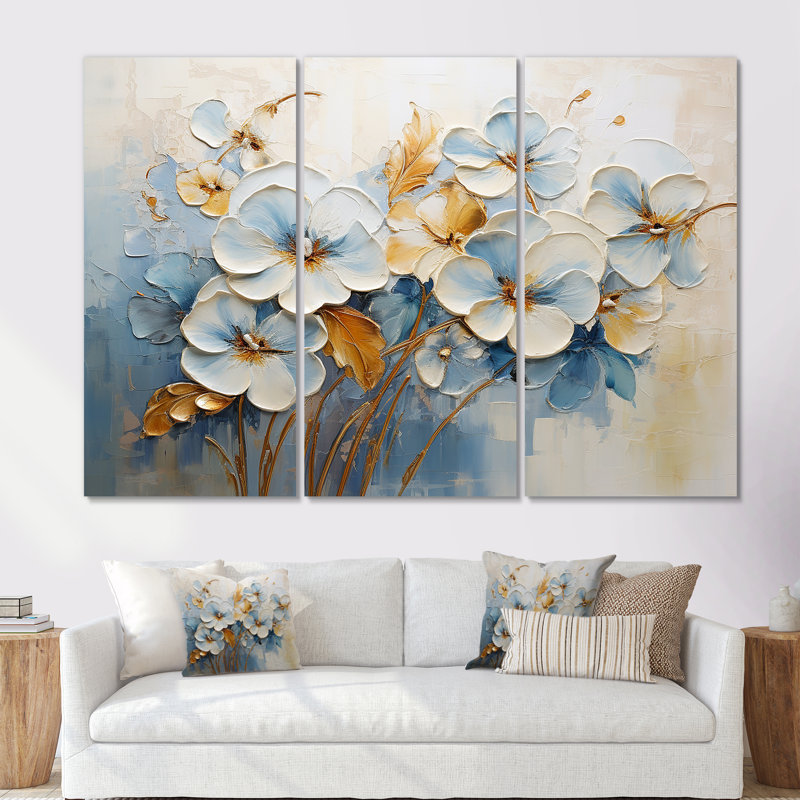 Ensemble de salon art mural blanc et bleu Pansies Garden I - Pansies, Toile tendue, H 28 po x l 36 po x P 1 po