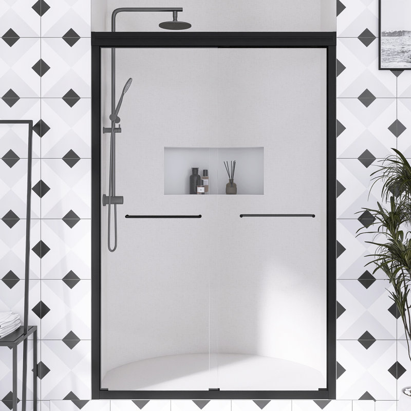 44-48 In. W × 72  In. H Matte Black Half Frameless Double Sliding Glass Shower Door  With SGCC Certified  1/4" Clear  Tempered Glass  | Safety Explosion-Proof Film |  | Reversible Installation