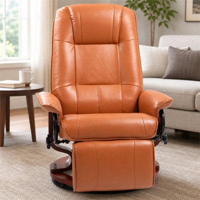 Light brown PU faux leather 360° swivel recliner with solid wood base, integrated telescopic footrest, padded armrests, and manual reclining design for living rooms.